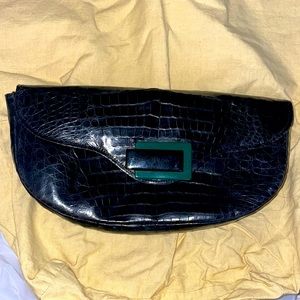 Crocodile black clutch 11” x 6” vintgae geographic detail front clasp rare